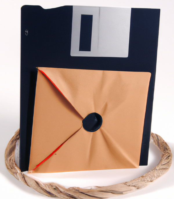 computer floppy disk tied with rope to a mail envelope