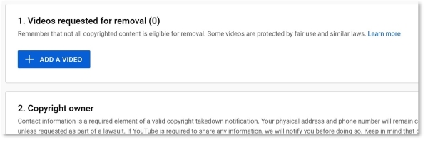 excerpt from youtube's DMCA takedown request screen