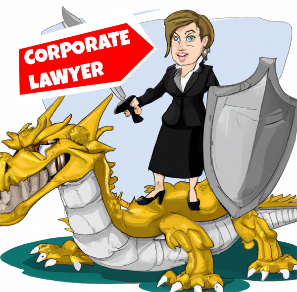 corporate lawyer with sword and shield standing on dragon cartoon