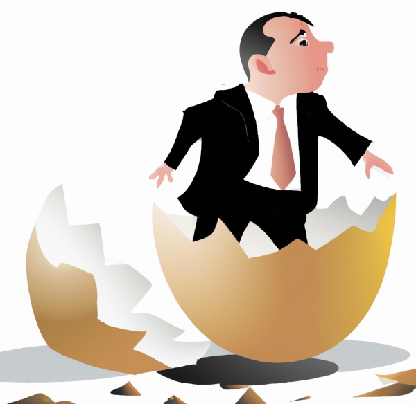 person dressed in business suit walking out of cracked eggshell cartoon