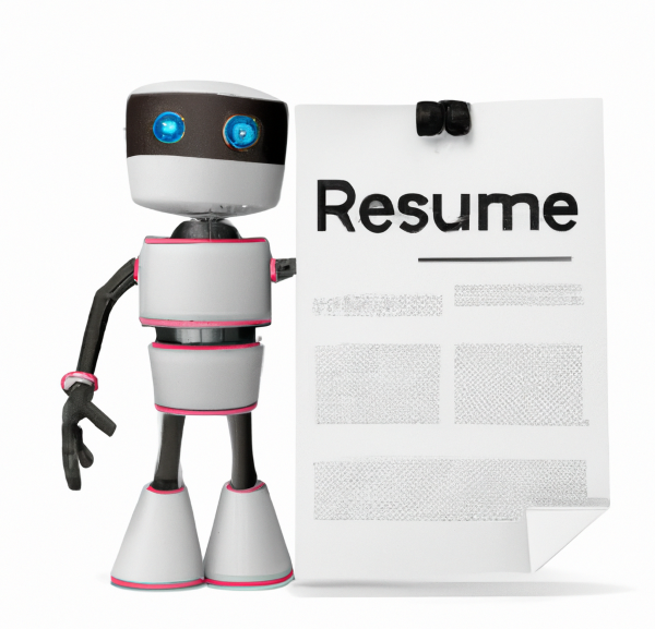 a robot reading a document that has the title, "resume"
