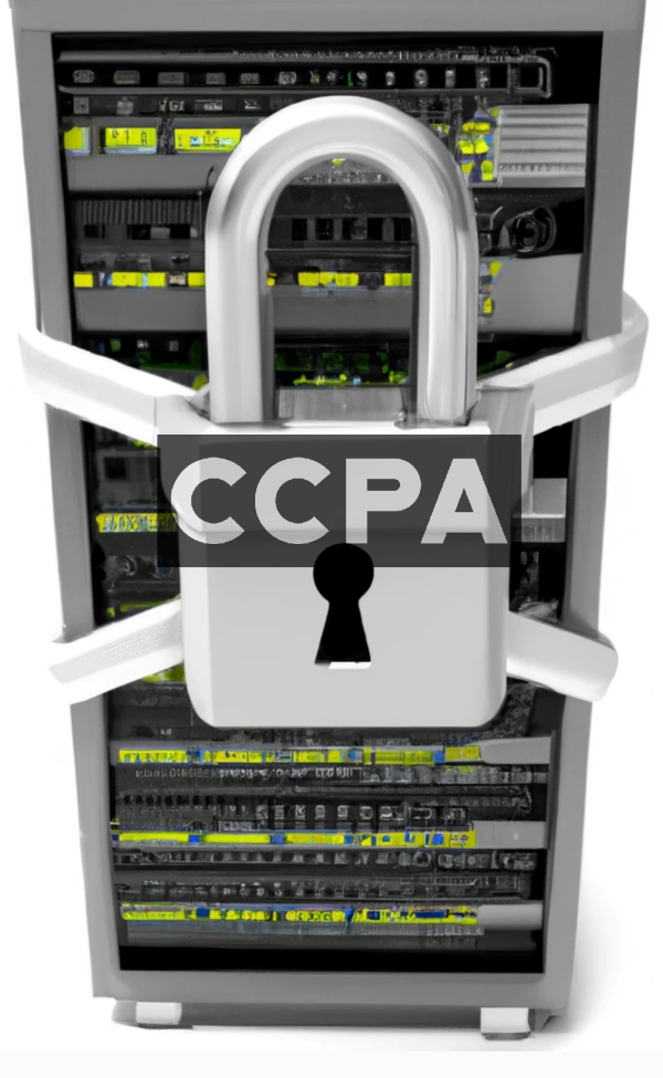 computer server rack with padlock and CCPA text